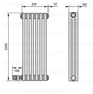 Схема (чертеж) Радиатор Zehnder Charleston 3220/6 №V004 Белый глянцевый RAL 9016